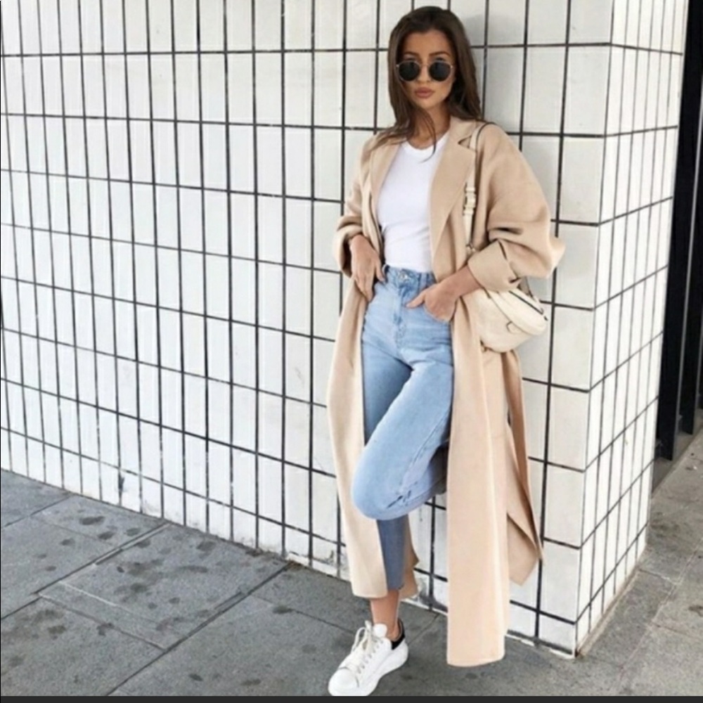 Camel Beige Cream Zara Patch Pocket Belted Duster Long Coat XS/Small